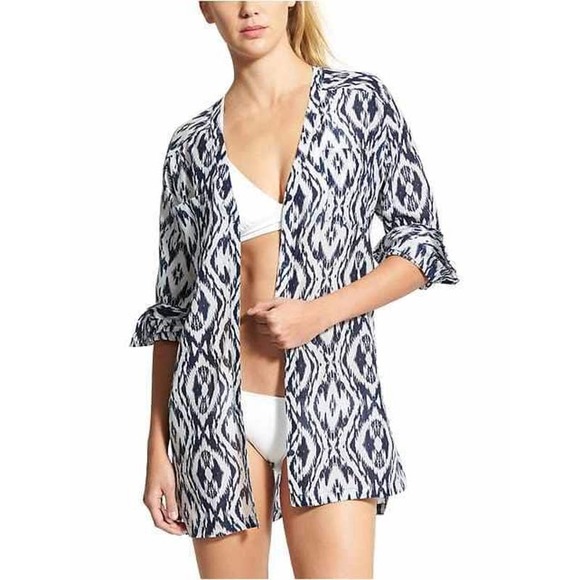 Athleta Printed Kaftan Shirt Dress Tunic Navy Blue White Ikat Medium Cover Up - Picture 1 of 16